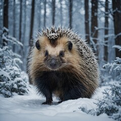 Obraz premium A porcupine walking through a white and blue winter forest.