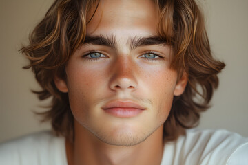 Fototapeta premium Portrait of a Young Man with Wavy Brown Hair 