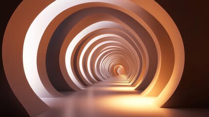 Fototapeta premium Endless tunnel of circular shapes, soft ambient lighting, dreamy and abstract 3D render 