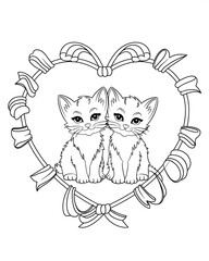 Cute couple Cat Valentine Coloring Page. Cute Cats Holding a Heart Shaped Balloon