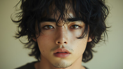 Portrait of a Young Asian Man with Messy Hair and Intense Gaze