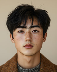 Portrait of a Young Asian Man with Freckles and Stylish Hair