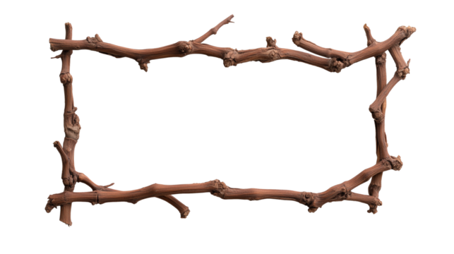 Frame made of intertwined grapevine branches isolated on transparent background, cutout