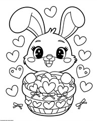 Cute Bunny Coloring Page, Cheerful Bunny holding a basket with Heart Chocolates and Flowers