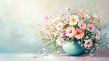 A vibrant yet delicate floral arrangement in pastel hues placed in a refined vase with a clean, airy background