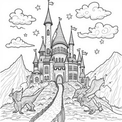 Naklejka premium Fantasy Castles Surrounded by Dragons, Clouds, and Stars