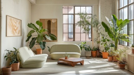 A bright studio with ivory walls, muted green furniture, and a collection of leafy potted plants providing a calm, organic feel