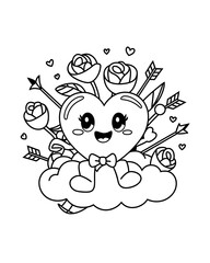 Fototapeta premium Happy heart character with roses, Valentine line art coloring page