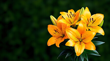 Obraz premium Vibrant orange lilies bloom beautifully against dark green background, showcasing their striking petals and delicate details. flowers exude sense of warmth and joy
