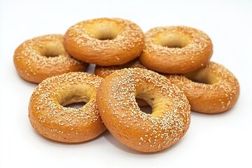 Naklejka premium Freshly baked Montreal bagels arranged on a clean white surface, golden crust with sesame and poppy seeds.