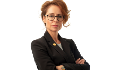 American middle age businesswoman with badge on white background
