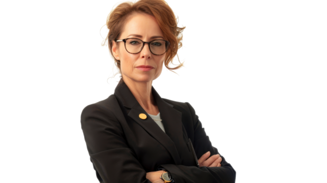 American middle age businesswoman with badge on white background