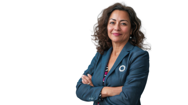 American middle age businesswoman with badge on white background