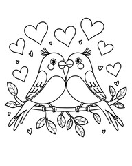 Kawaii Valentine Coloring Page. Lovebirds with Heart Clouds and Musical Notes