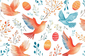 A pattern with birds, flowers, and eggs on a white background