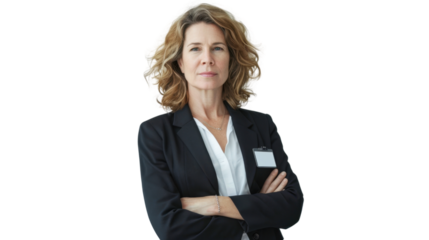 American middle age businesswoman with badge on white background
