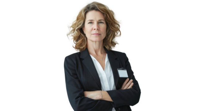 American middle age businesswoman with badge on white background