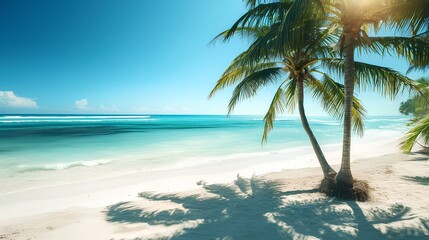 Fototapeta premium Palm trees, ocean, white sand beach, sunny.