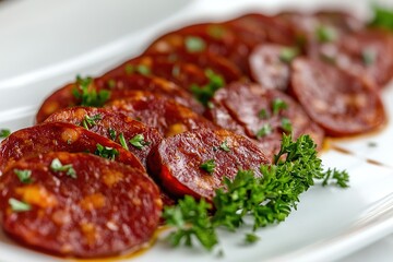 Sliced Spanish chorizo arranged on a white plate, rich red hues and glossy texture, garnished with parsley.
