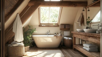 Fototapeta premium A rustic attic bathroom with exposed wooden beams, a skylight, and earthy decor, creating a cozy and tranquil atmosphere