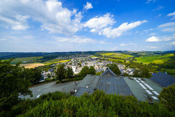 View of Eversberg near Meschede and the surrounding nature. Landscape in the Sauerland.
