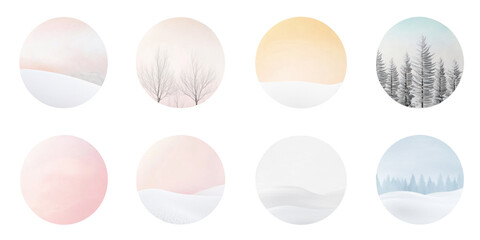 Minimalistic winter weather infographic with icons. Set of circular shapes and textures for design layouts, cut and isolated on transparent PNG background. Pastel gradients, snow, Christmas tree.