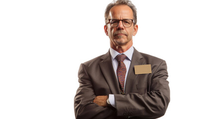 American middle age businessman with badge on white background
