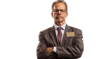 American middle age businessman with badge on white background
