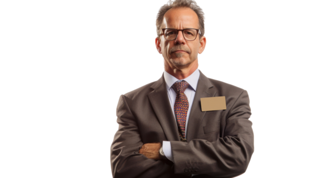 American middle age businessman with badge on white background
