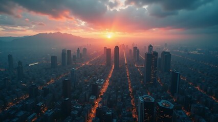 Fototapeta premium A city skyline at night with a hazy atmosphere