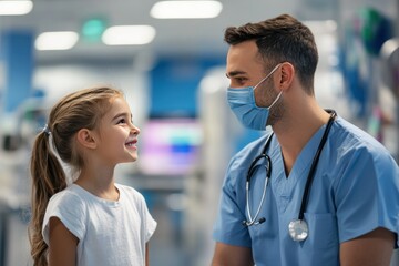 Obraz premium Caring Healthcare Professional Engages in Joyful Interaction with Smiling Young Girl in Pediatric Ward, Showcasing Compassionate Medical Environment