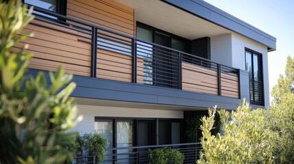 Fototapeta premium Modern building exterior featuring a balcony and greenery.