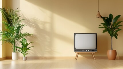 Fototapeta premium Cozy living room with vintage crt tv from 80s-90s bright environment
