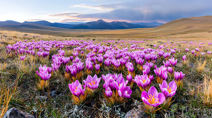Fototapeta premium vibrant meadow filled with blooming saffron flowers under scenic sky