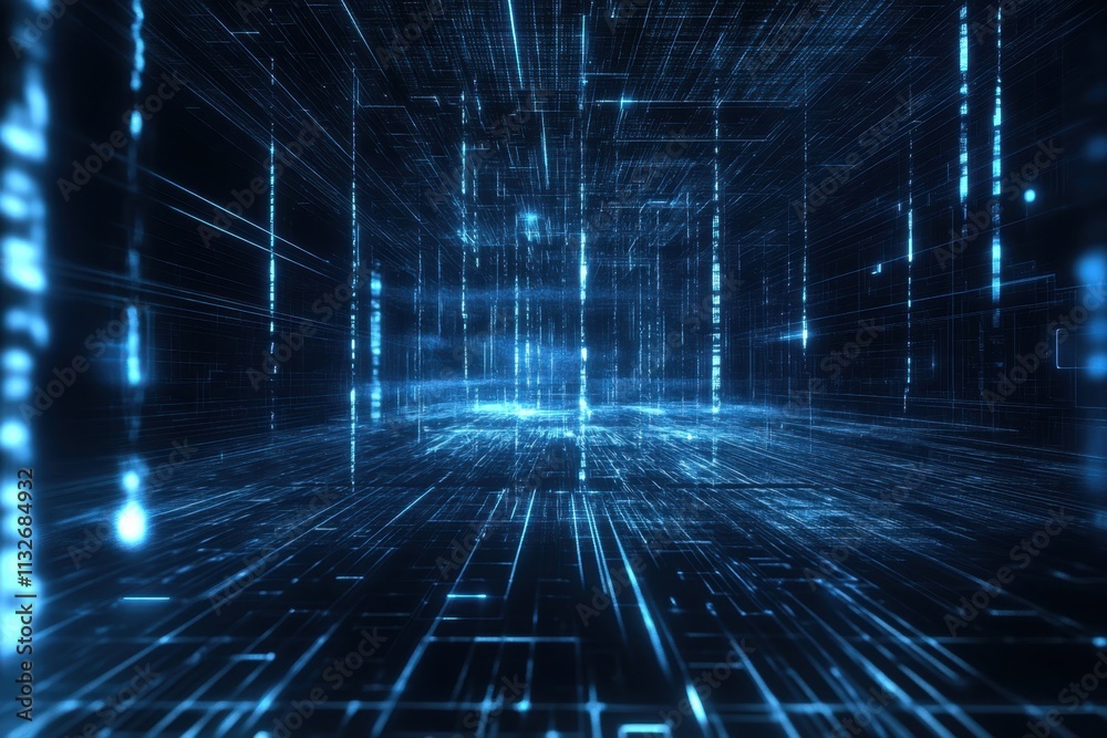 Poster digital landscape with blue data streams creating a futuristic look in a virtual space