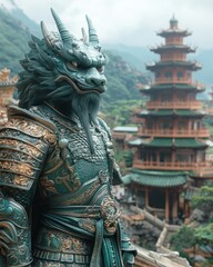 Fototapeta premium Armored Dragon Warrior Overlooking Temple Pagoda 