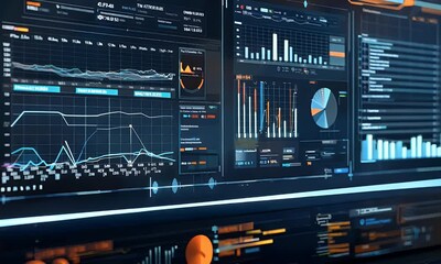 A high-tech computer screen displaying a detailed network monitoring dashboard with real-time data analytics and system health indicators.