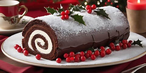 Naklejka premium A_decadent_yule_log_cake_dusted_with_powdered