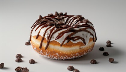 A single glazed donut with chocolate drizzle and chocolate chips on a white background.