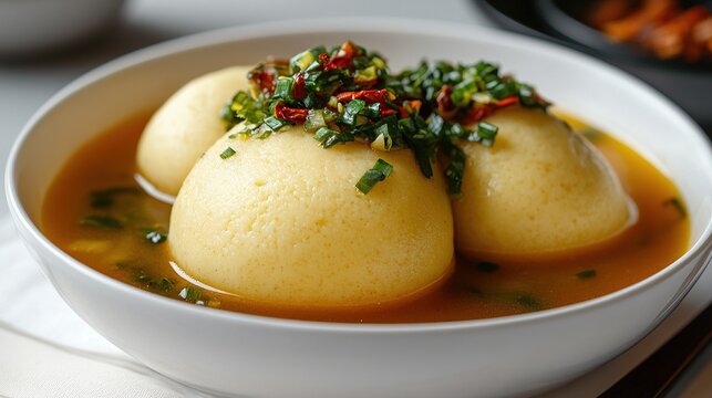 Close-up of fufu showing smooth texture and rich, vibrant soup.