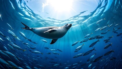 Obraz premium Graceful seal swimming with fish under bright sunrays, marine life harmony concept
