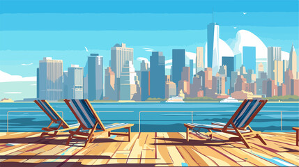 Fototapeta premium Serene Wooden Platform with Deck Chairs Overlooking City Skyline