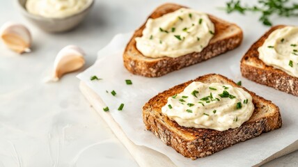 Rye toast with garlic aioli topping. Crispy toast with delicious spread.