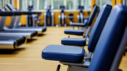 A row of gym equipment showcasing workout benches in a fitness center.