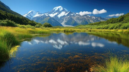 Fototapeta premium Serene mountain landscape with a reflective pond and lush greenery.
