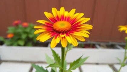 Obraz premium A vibrant yellow and red flower blooms, showcasing its intricate petals against a blurred background.