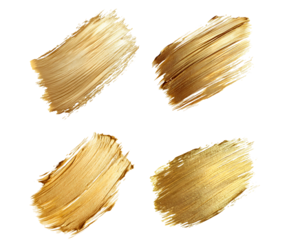 Set of gold brush stroke textures isolated on transparent background, cut out