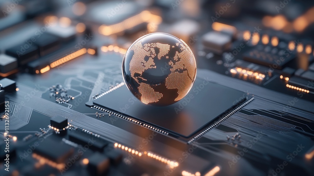 Poster a close-up view features a world globe set on a computer motherboard, emphasizing the blend of techn