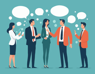 Business Discussion Concept. Vector cartoon full-length illustration in a flat style of various people talking to each other with bubbles over their heads. Isolated on background.