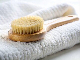 Luxurious Spa Essentials: Massage Brush & Soft White Towel on Pristine Background